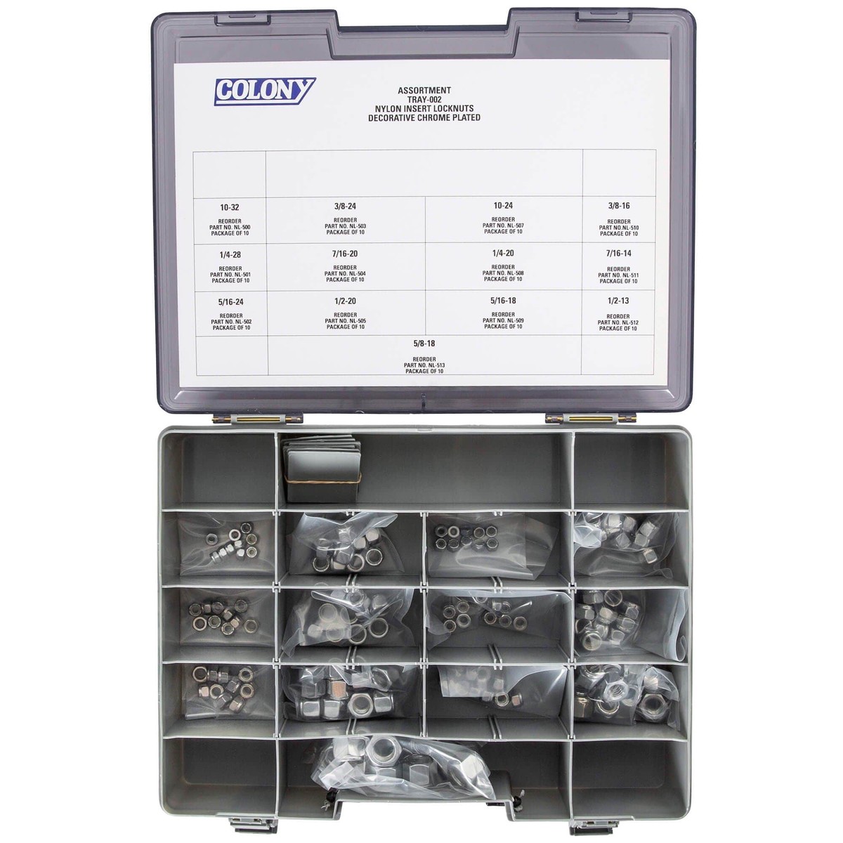 002 Nylon Insert Locknut Assortment Tray – 130 Piece – Chrome Plated