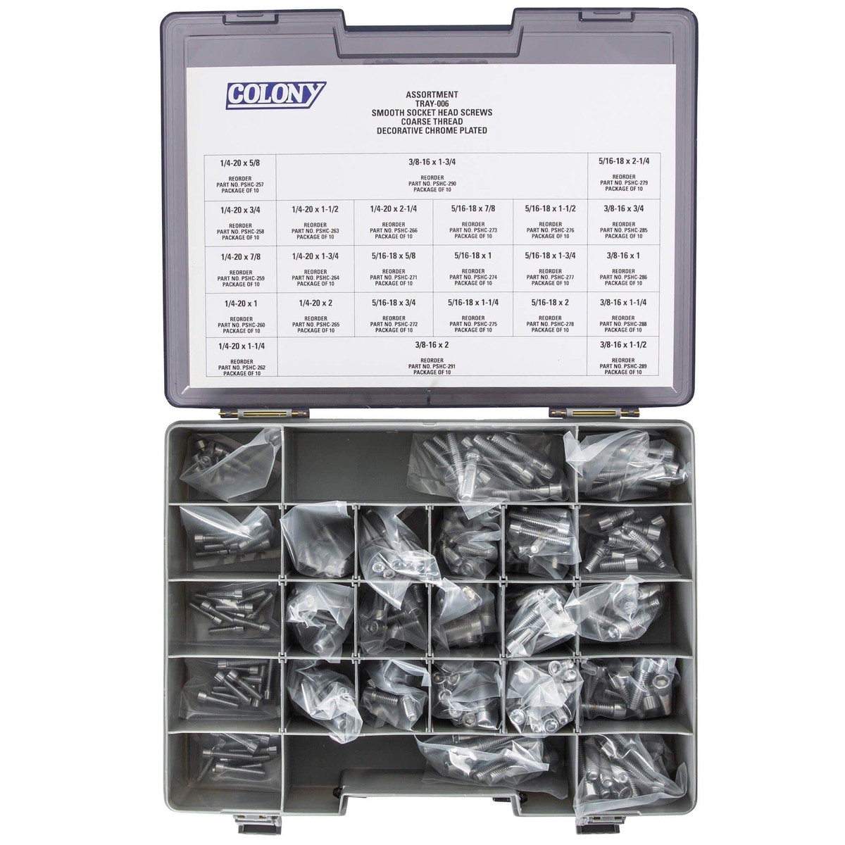 006 Smooth Head Socket Head Screw Assortment – Coarse Thread – 240 Piece – Chrome Plated