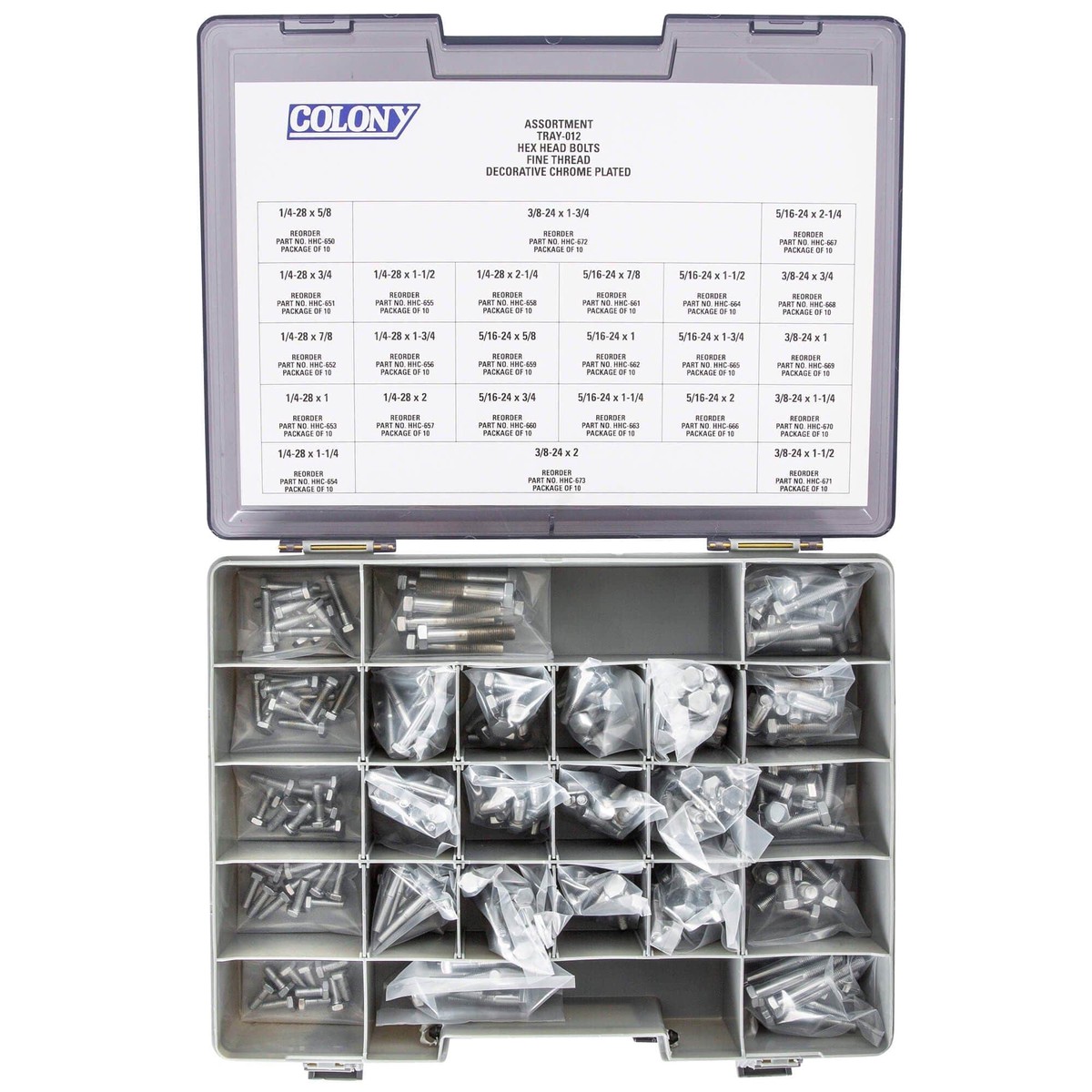012 Hex Head Bolts Assortment – Fine Thread – 240 Piece – Chrome Plated