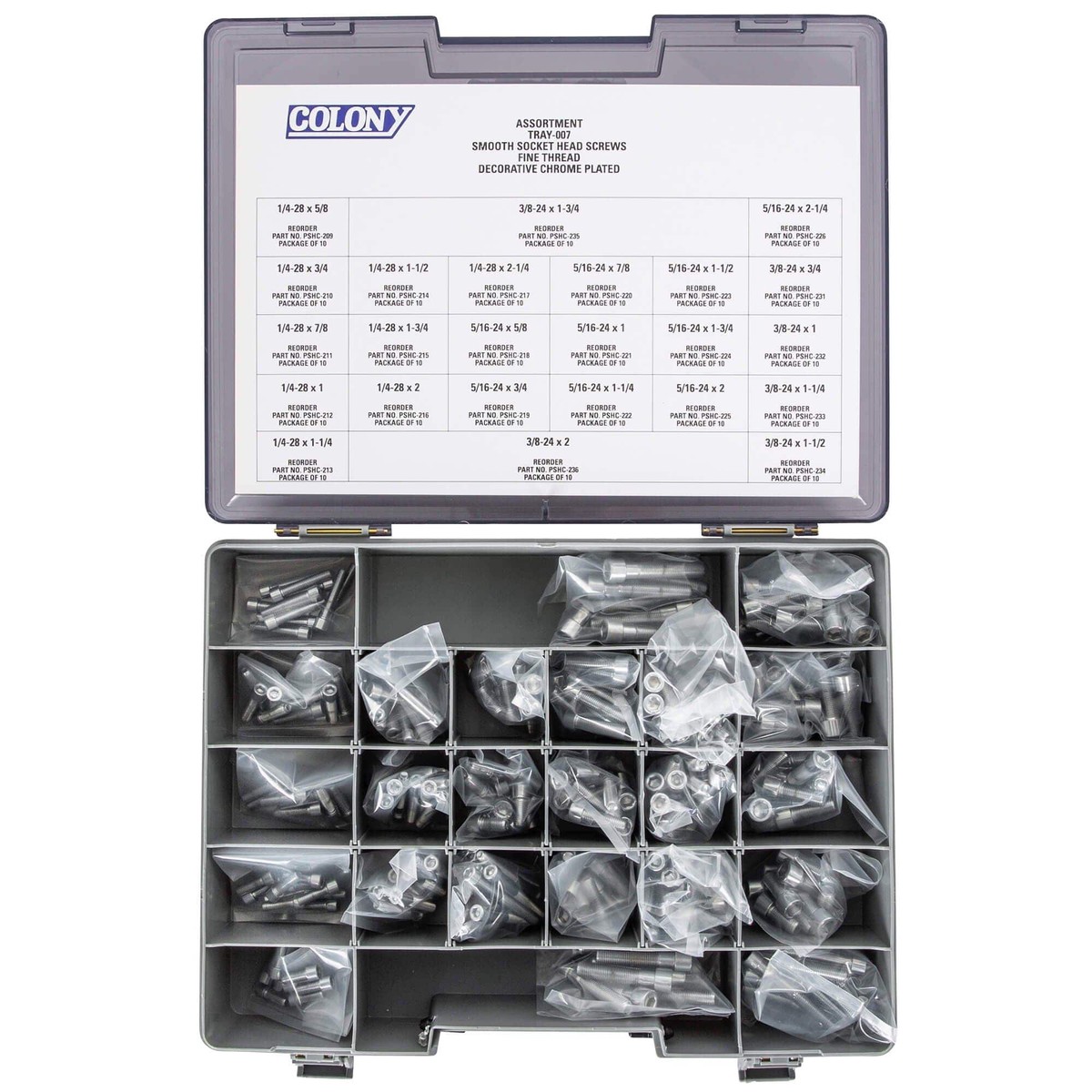 007 Smooth Head Socket Head Screw Assortment – Fine Thread – 240 Piece – Chrome Plated